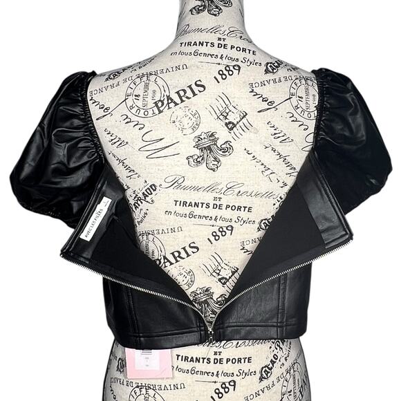 Avec Les Filles LARGE Faux Leather Puffy Sleeve Zipper Back Square Neck Crop Top - Picture 8 of 13